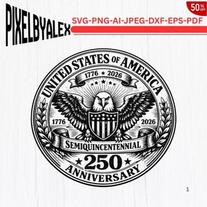 May include: A black and white graphic of the United States of America seal, marking the 250th anniversary. The design includes an eagle with spread wings, a shield, and the text "United States of America 1776-2026".