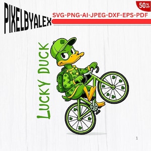 Lucky Duck PNG SVG, St Patricks Day Png Svg, Cycling Duck Svg, St Patricks Sublimation, Digital Download for Kids Shirts & Crafts