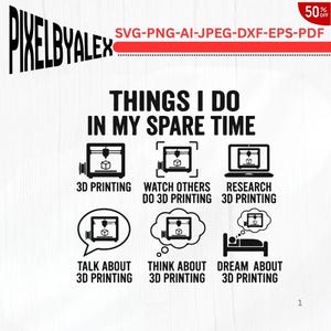 May include: A black and white graphic design featuring the text THINGS I DO IN MY SPARE TIME, with six icons illustrating 3D printing, watching others, researching, talking, thinking, and dreaming about 3D printing, labeled with corresponding text.