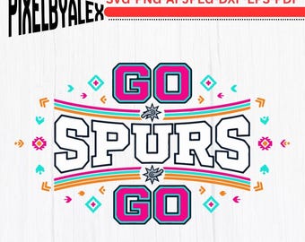 May include: A graphic design with the text "GO SPURS GO" in a bold, outlined font. The design incorporates teal, pink, orange, and white colors, with decorative elements. The image also includes the text "PIXELBYALEX" and "SVG-PNG-AI-JPEG-DXF-EPS-PDF".
