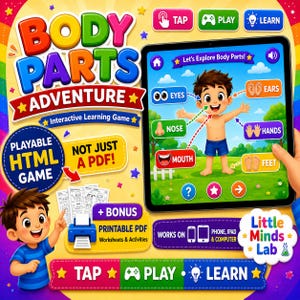 May include: An interactive learning game titled Body Parts Adventure featuring a digital tablet display with a cartoon character and labelled body parts including eyes, nose, mouth, ears, hands, and feet. Includes bonus printable PDF worksheets.