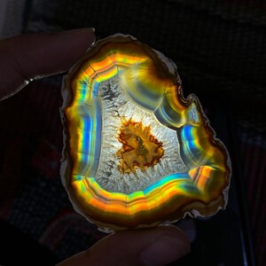 Iris Agate Slice 62x49x3 mm Polished Rainbow Agate Natural Druzy Quartz Center Display Specimen