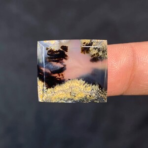 Op de afbeelding: Een vierkant geslepen dendritische agaat edelsteen met een doorschijnende, bleek roze-witte basis, complexe donkerbruine tot zwarte varenachtige insluitingen en een opvallende band van getextureerde, goudgele mineraalafzettingen aan de onderkant.
