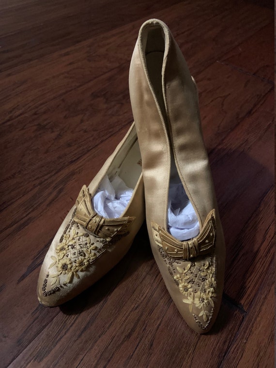 Gorgeous Edwardian Era Gold Beaded Satin Shoes