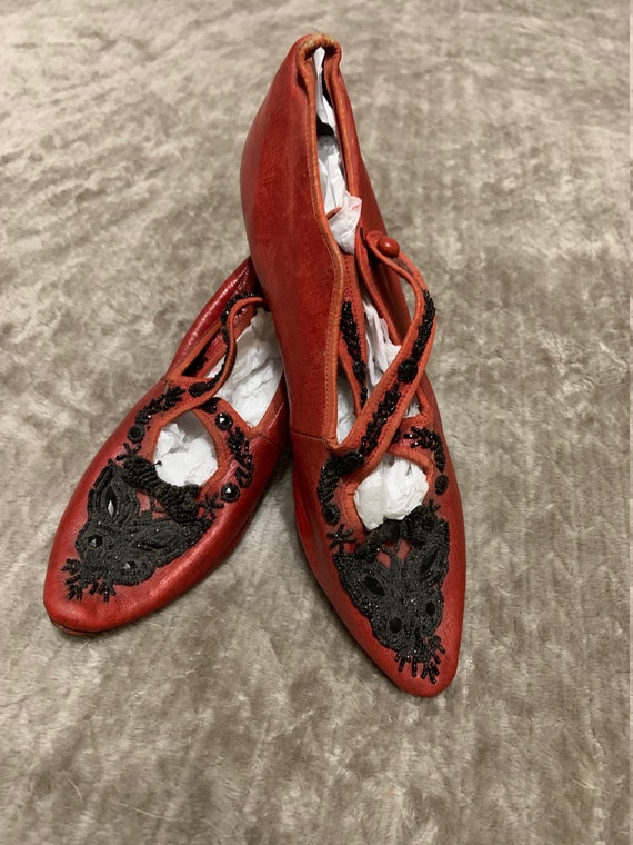 Spectacular Edwardian Red Beaded Leather Shoes