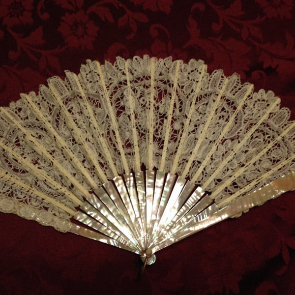 RESERVED 4 CYRILLA   Antique Lace and Mother of Pearl Hand Fan
