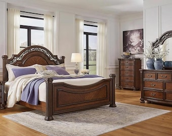 Verzierter König Poster Bettrahmen Handgefertigte Mahagoni Finish Massivholz Traditionelle Schlafzimmermöbel