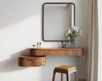 Modern Floating Vanity Wall Mounted Makeup Desk Bedroom Cosmetic Storage Wooden Dressing Shelf