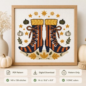 May include: A cross-stitch pattern featuring two lace-up boots with orange and navy blue stripes, surrounded by pumpkins, leaves, and stars. The text includes PDF Pattern, Digital Download, Pattern Only, 149 x 138 stitches, 14 ct: 10.6" x 9.9", and 9 DMC colors.