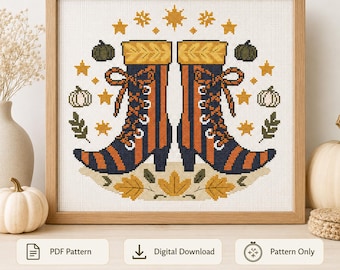 Halloween Hexe Stiefel Kreuzstichmuster PDF Kürbis Herbst