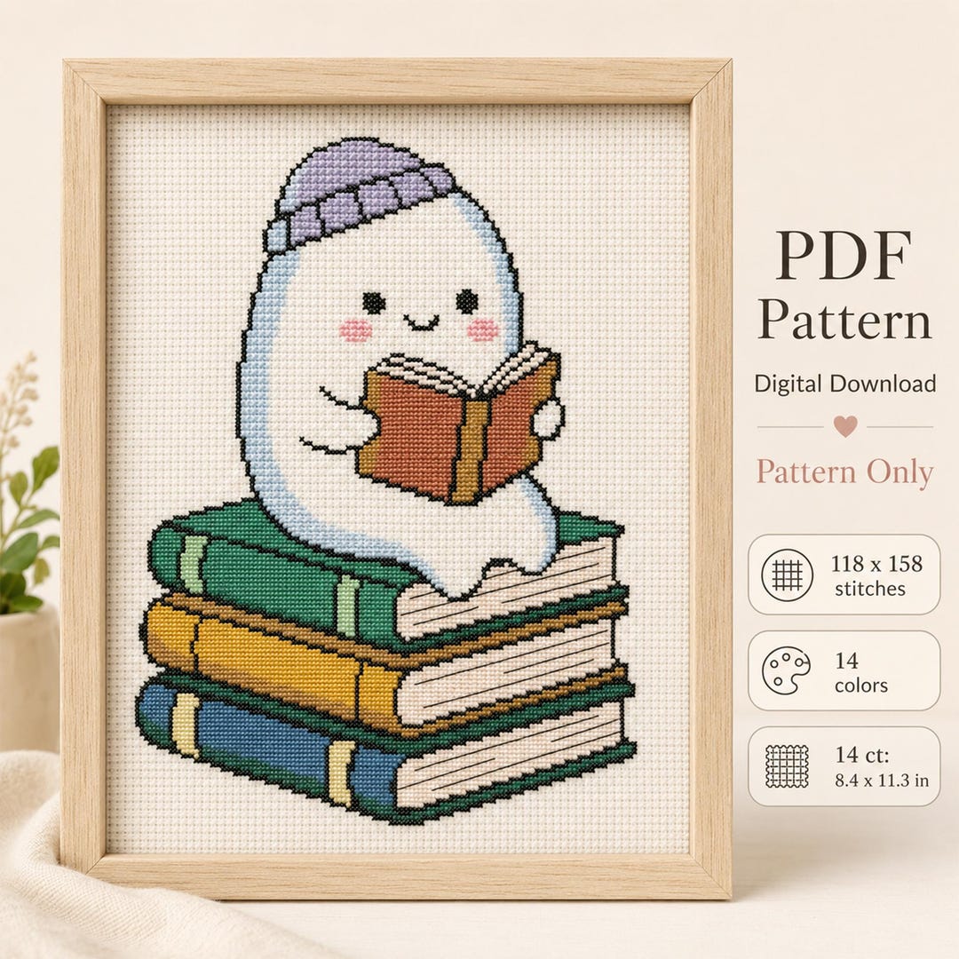 Halloween Ghost Cross Stitch Pattern PDF Kawaii Reading Ghost Counted ...
