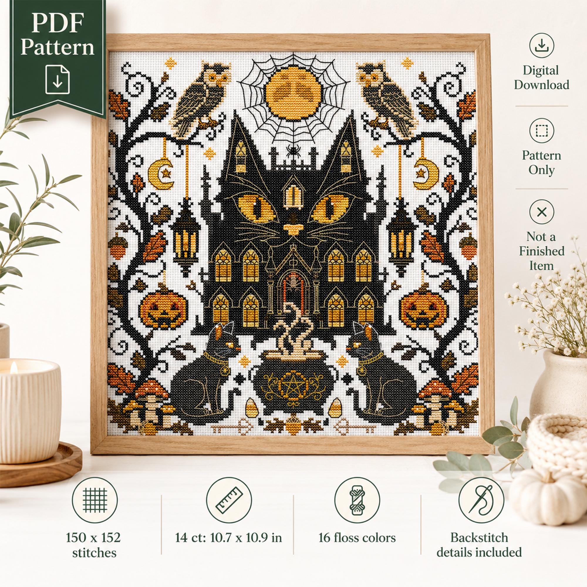 Halloween Cross Stitch PDF Pattern Black Cat Haunted House Gothic ...