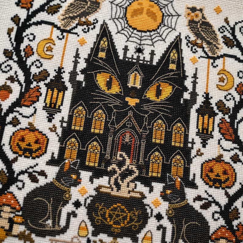 K&ouml;nnte beinhalten: Ein Kreuzstichmuster mit einem schwarzen, katzenf&ouml;rmigen Spukhaus mit leuchtend gelben Augen. Das Design umfasst K&uuml;rbisse, Eulen, einen Kessel und einen Vollmond, alles im Halloween-Thema. Die Farbpalette umfasst Schwarz, Orange und Creme.