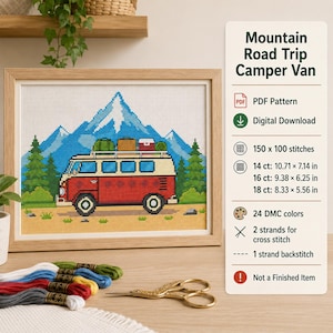 May include: A cross stitch pattern titled Mountain Road Trip Camper Van featuring a red and cream van with luggage on the roof, set against blue mountains and green trees. Includes digital download details, 150 by 100 stitches, and 24 DMC colors.