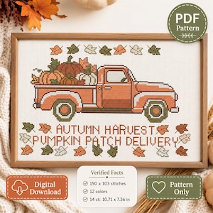 Autumn Harvest Pumpkin Patch Truck Cross Stitch Pattern PDF Instant ...