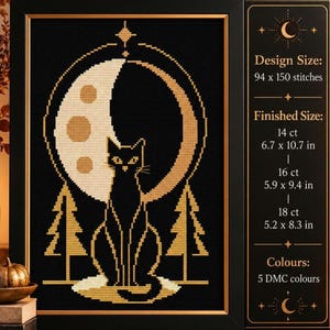 Black Cat Cross Stitch Pattern PDF - Halloween Moon Design