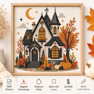 Halloween Cross Stitch Pattern PDF - Haunted Pumpkin Cottage Chart