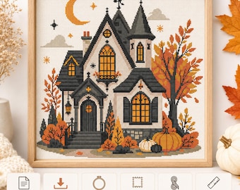 Halloween-Kreuzstichmuster (PDF) – Spukkürbishaus-Vorlage