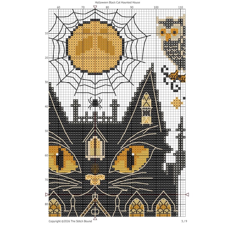 K&ouml;nnte beinhalten: Kreuzstichmuster mit einer schwarzen Katze mit goldenen Augen, die als Spukhaus gestaltet ist. Das Design umfasst ein Spinnennetz, einen Vollmond, eine Eule und den Text "Halloween Black Cat Haunted House". Copyright &copy;2026 The Stitch Bound.