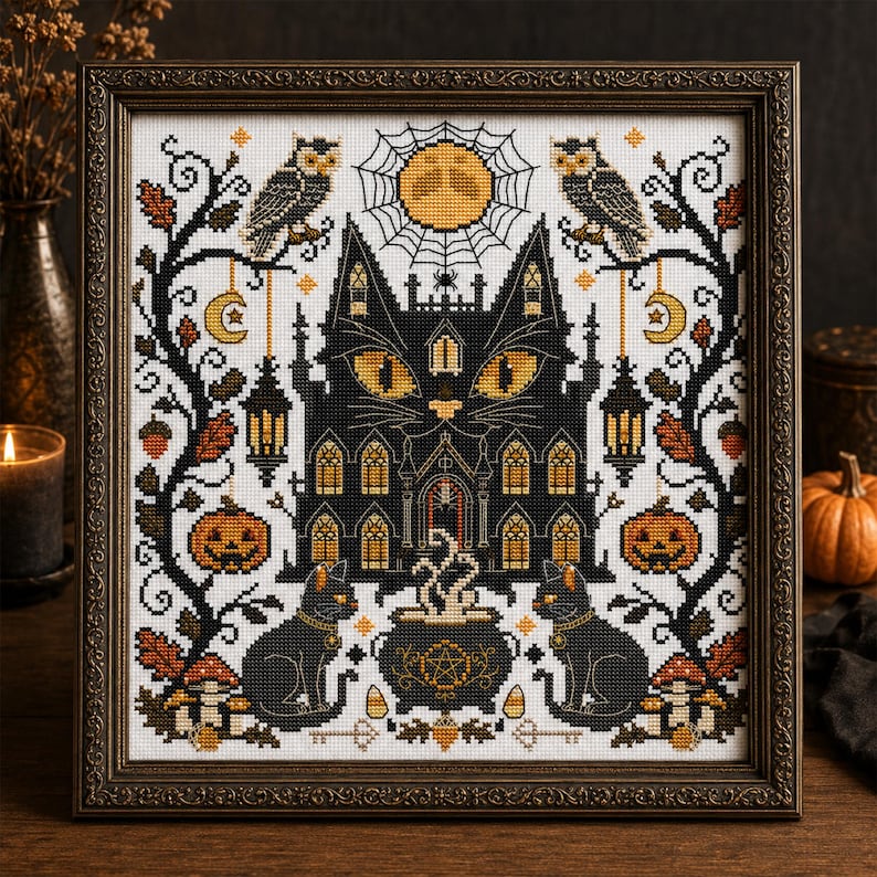 K&ouml;nnte beinhalten: Gerahmte Kreuzstichkunst mit einem schwarzen katzenf&ouml;rmigen Spukhaus mit leuchtend gelben Augen. Das Design umfasst Eulen, K&uuml;rbisse, einen Vollmond und einen Kessel, alles im Halloween-Thema. Der Rahmen ist dunkelbraun und verziert.