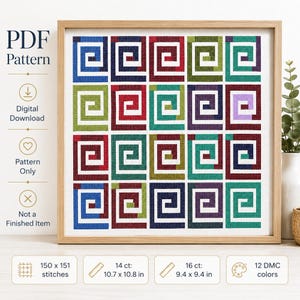 May include: A cross stitch PDF pattern featuring a grid of twenty square blocks, each containing a white Greek key spiral design. The blocks are filled with various colors including blue, red, green, purple, and dark tones. The pattern is 150 x 151 stitches.