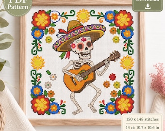Day of the Dead kruissteekpatroon pdf – suikerschedel skeletgitarist