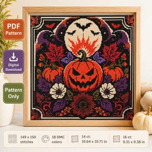 Patrón de punto de cruz de calabaza gótica en PDF para Halloween (Jack O' Lantern)