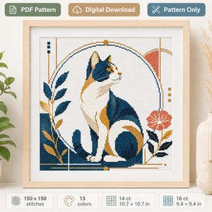 Puede incluir: Un patrón de punto de cruz con un gato tricolor en azul, blanco y naranja, enmarcado por un borde circular con detalles florales. El diseño incluye etiquetas de texto PDF Pattern, Digital Download y Pattern Only, con 150x150 puntadas.