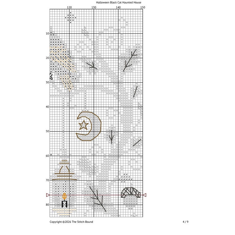 K&ouml;nnte beinhalten: Kreuzstichmuster mit dem Titel "Halloween Black Cat Haunted House". Das Design zeigt einen Halbmond mit einem Stern, eine Laterne und eine Br&uuml;cke. Das Muster befindet sich auf einem Raster, mit Copyright-Informationen und Seitenzahl unten.