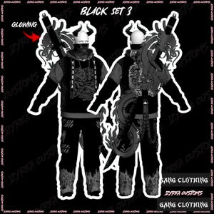 Op de afbeelding: Grafische afbeelding "BLACK SET 3" met twee figuren in zwarte outfits met gehoornde helmen en gezichtsbedekkingen. De outfits omvatten hoodies, broeken en accessoires met draken- en vlamontwerpen. De tekst "GANG CLOTHING" en "ZYREA CUSTOMS" zijn zichtbaar.