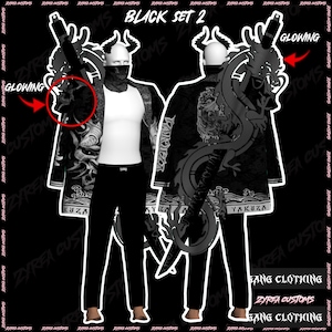 May include: Black Set 2 clothing set. The image shows a jacket with a dragon design, black trousers, and a white vest. The jacket has a glowing effect and the word "Yakuza" is visible. The background is black with white text and logos.