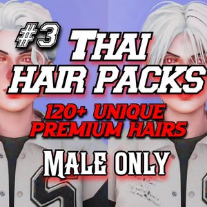 May include: A digital character display featuring two variations of white hair styles with red eyes. The text reads #3 THAI HAIR PACKS 120+ UNIQUE PREMIUM HAIRS MALE ONLY. The character wears a light-coloured collared shirt with a black letter S emblem.