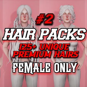 May include: Four digital avatars with white hair in different styles, wearing white sleeveless tops with cross patterns and light trousers. Text reads #2 HAIR PACKS 125+ UNIQUE PREMIUM HAIRS FEMALE ONLY against a solid pink background.