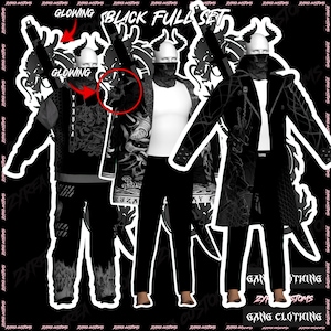 May include: A black full set of clothing, including a jacket, hoodie, and trousers, with a white vest and face covering. The set features a dragon design and the text "GANG CLOTHING". The word "GLOWING" is also visible.