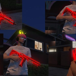 May include: A digital rendering of a rifle featuring a glowing red neon-style finish with intricate black geometric patterns. The weapon is shown from multiple angles, including a first-person perspective, highlighting the vibrant red light effect.