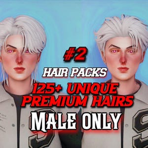 May include: A digital character display featuring two variations of a white-haired hairstyle. The text reads #2 HAIR PACKS 125+ UNIQUE PREMIUM HAIRS MALE ONLY. The character has pink eyes and wears a light grey and black varsity-style jacket.