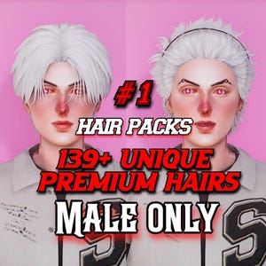 May include: Two digital avatars with white hair and red eyes wearing light-coloured jackets with dark sleeves. Text reads: #1 HAIR PACKS 139+ UNIQUE PREMIUM HAIRS MALE ONLY. The avatars have flushed cheeks and the right avatar has a thin black headband.