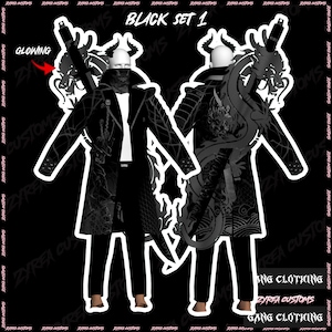 Puede incluir: Conjunto Black Set 1. El conjunto incluye un abrigo largo negro con intrincados diseños de dragones y olas, una camisa blanca y pantalones negros. El abrigo presenta un cuello alto y elementos decorativos. La imagen está sobre un fondo negro.