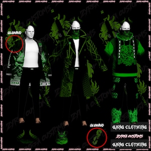 May include: Three mannequins showcase streetwear outfits. The outfits feature black trousers, white undershirts, and jackets or hoodies with green glowing dragon designs. Accessories include a face covering and glowing green accents. The text "GANG CLOTHING" and "ZYREA CUSTOMS" are visible.