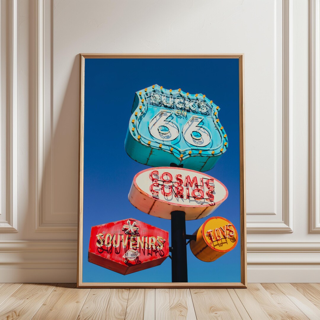 Route 66 Retro Travel Poster, Vintage Neon Sign Wall Art, Americana ...