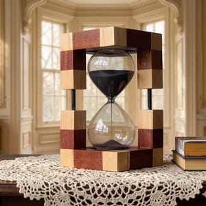 May include: An hourglass with a clear glass bulb containing black sand, set within a wooden frame. The frame is a checkerboard pattern of light and dark wood. The hourglass is supported by black metal rods.