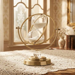 May include: A decorative hourglass with a gold-colored metal frame and base. The hourglass features two clear glass bulbs connected by a narrow neck, filled with white sand. The design includes a clear crystal ball at the base.