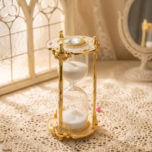 May include: An ornate hourglass with a gold-colored frame and white sand. The top and bottom are decorated with a white and gold floral design, and a large clear gem is set in the center. The hourglass is approximately 6 inches tall.