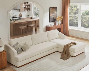 Minimalistisches Leinen Schnittsofa mit Chaise Lounge Holz Basis Moderne Wohnzimmer Couch