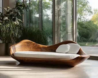 Sofá orgánico escultural de madera maciza con borde natural, hecho a mano con vetas naturales. Sofá llamativo.