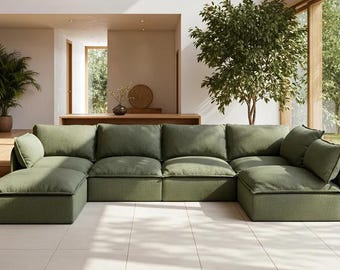 Divano componibile moderno a forma di U, ampio divano a pozzetto in velluto verde.