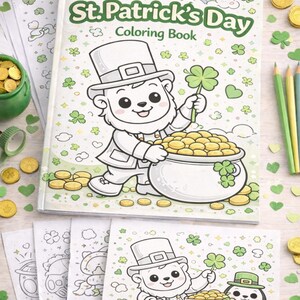 May include: A St. Patrick's Day colouring book featuring a cartoon leprechaun with a four-leaf clover and a pot of gold. The cover displays a rainbow and the text "St. Patrick's Day Coloring Book". Additional colouring pages and pencils are visible.