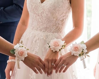 Faux Floral Corsage and Boutonniere Set, Custom Ribbon Wrist Corsage, Wedding Party Flowers, Prom Dance Boutonniere, Mother of Bride