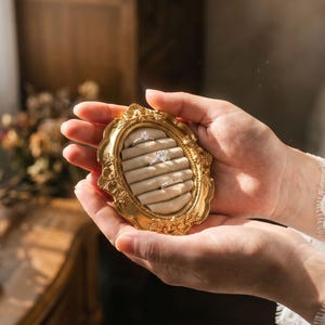 Könnte beinhalten: Eine goldfarbene, ovale Ringbox mit dekorativem Rahmen, die mehrere Ringe enthält. Die Box wird in offenen Händen gehalten, mit einem weichen, neutralfarbenen Innenraum. Der Hintergrund umfasst ein Fenster, Blumen und antike Möbel.
