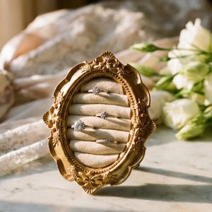 Könnte beinhalten: Ein ovaler, goldfarbener Ringhalter mit vier Ringen, jeweils mit einem Diamanten. Der Halter ist verziert und steht auf einer Marmoroberfläche. Weiße Blumen und cremefarbener Stoff sind im Hintergrund.